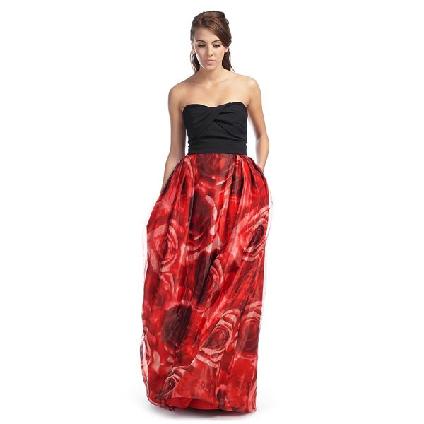 Ariella London Dresses - Red rose print organza 'Echo' strapless dress