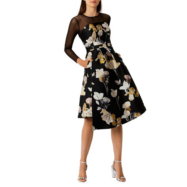 Coast Dresses - Multi floral print jacquard 'Mia' round neck mesh ong sleeved midi fit & flare dress