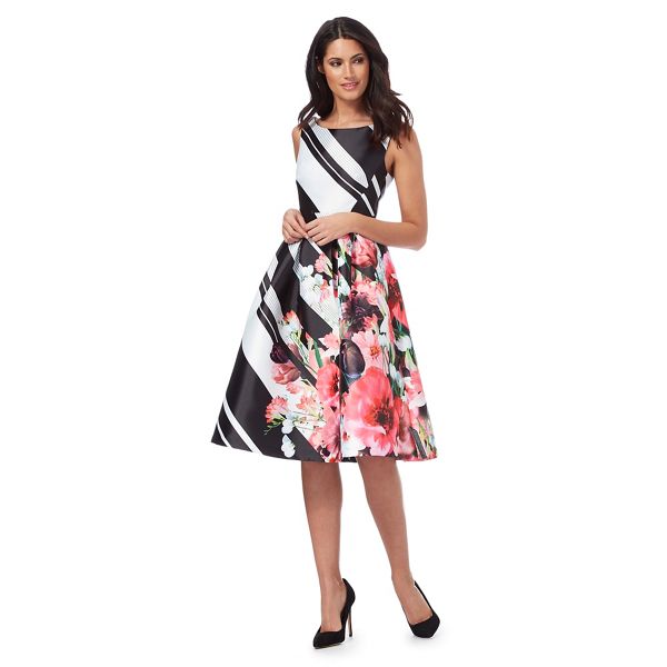 Debut Dresses - Black and white block striped floral prom dress
