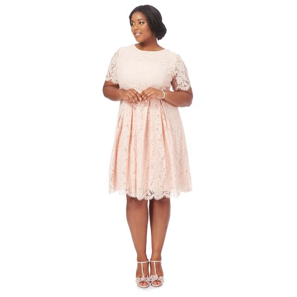 Debut Dresses - Light pink lace 'Lucie' knee length plus size prom dress