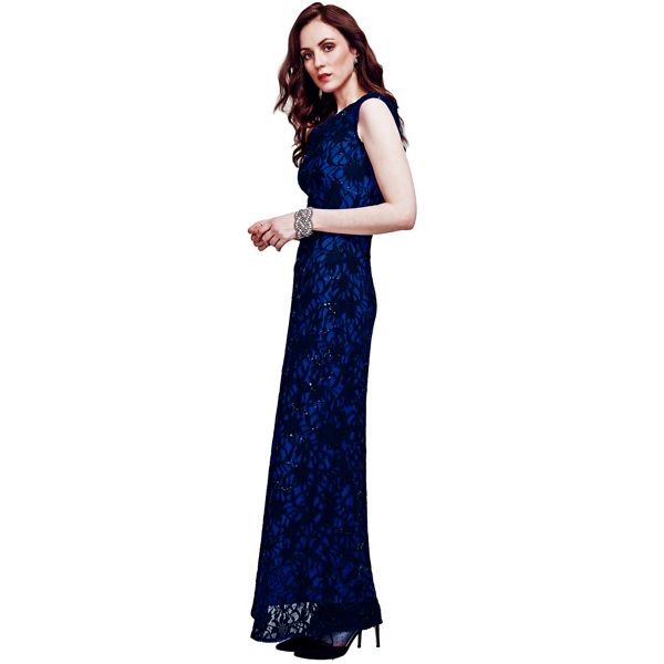 HotSquash Dresses - Blue cowl neck lace maxi dress in ThinHeat fabric