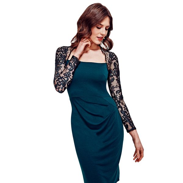 HotSquash Dresses - Bottle Green Lace Sleeved Jersey Dress in Clever Fabric
