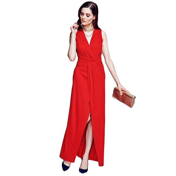 HotSquash Dresses - Long elegant red maxi dress with knot detail