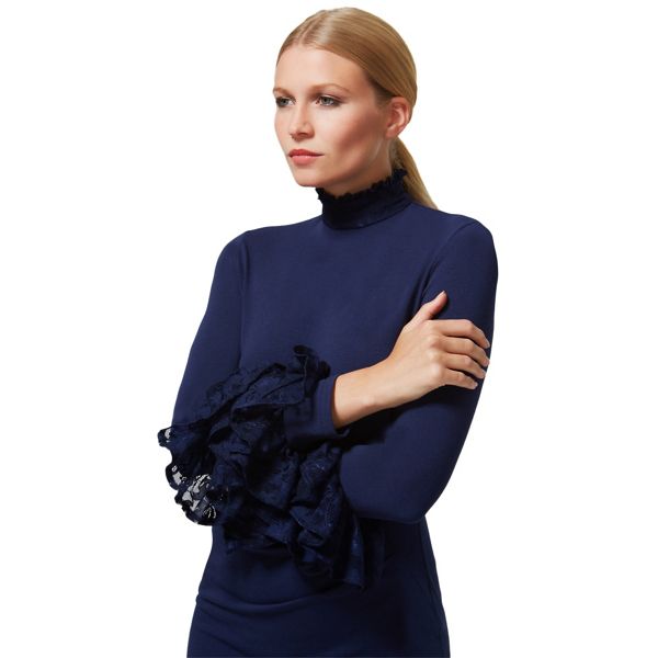 HotSquash Dresses - Navy high neck lace detail dress in clever fabric