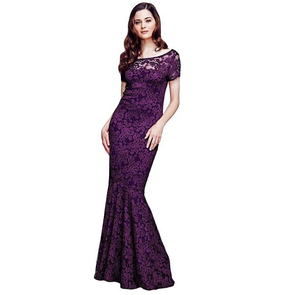 HotSquash Dresses - Purple Lace Maxi Dress with Capped Sleeve