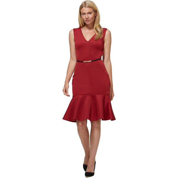 HotSquash Dresses - Red v-neck drop waist ponte dress in clever fabric