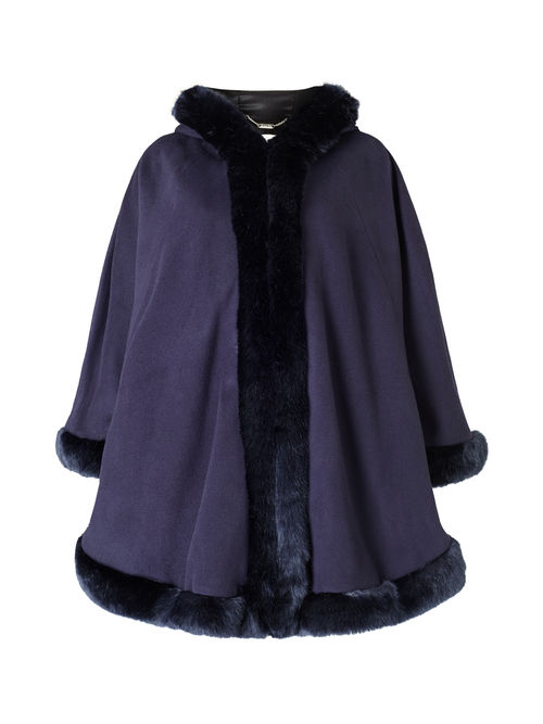 Designer Jacques Vert Navy HOODED FUR TRIM CAPE 10043540