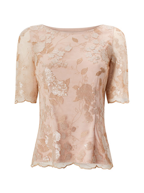 Jacques Vert 66% Polyester, 34% Metallic Dark Neutral HERMIONE LACE BLOUSE