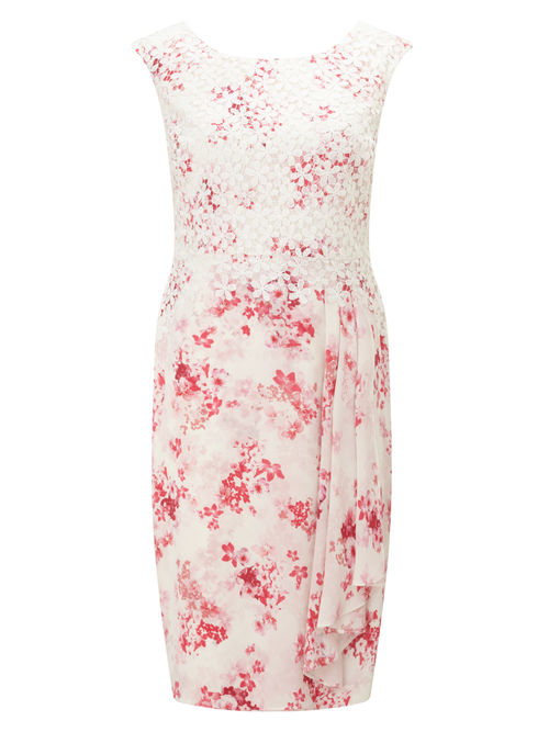 Jacques Vert 97% Polyester, 3% Elastane Multi Pink PETITE FLOWER AND LACE DRESS