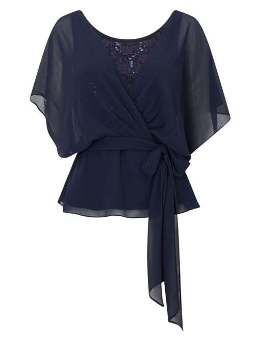Jacques Vert Cap Sleeve Navy LACE AND CHIFFON TOP