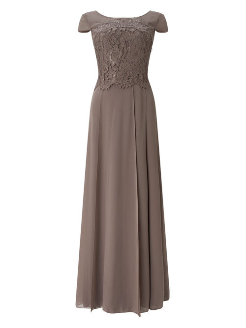 Jacques Vert Short Sleeve Mid Brown MORENA LACE AND CHIFFON MAXI