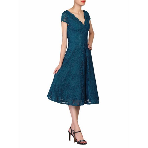 Jolie Moi Dresses - Blue cap sleeves fit & flare lace dress