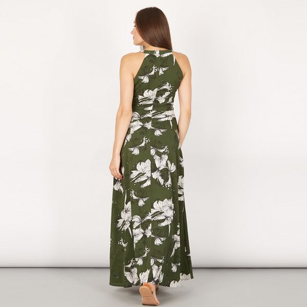 Stylish Jolie Moi Dark green floral print halter neck maxi dress 60514_FFN0047541