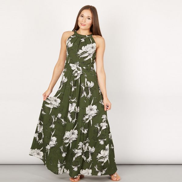 Stylish Jolie Moi Dark green floral print halter neck maxi dress 60514_FFN0047541