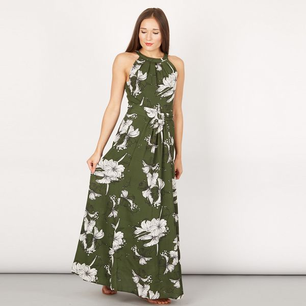 Jolie Moi Dresses - Dark green floral print halter neck maxi dress