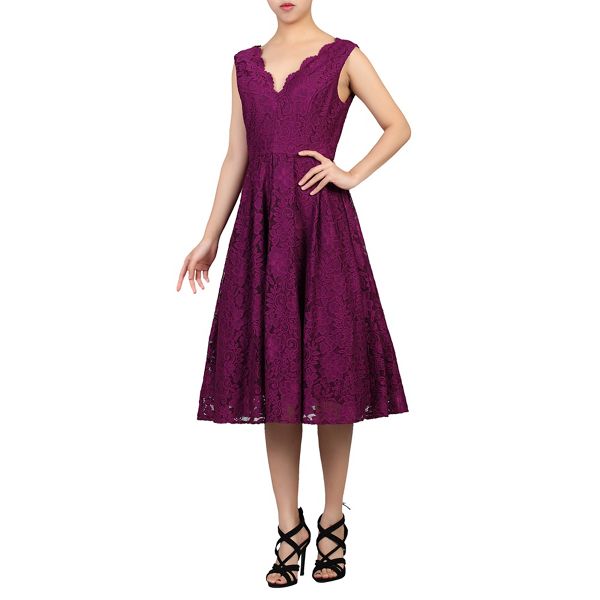 Jolie Moi Dresses - Dark purple scalloped v neck pleated prom dress