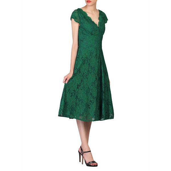 Jolie Moi Dresses - Green cap sleeves fit & flare lace dress