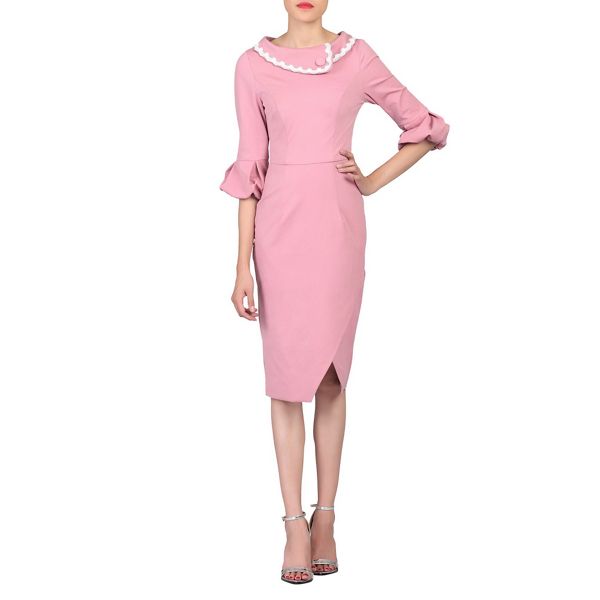 Jolie Moi Dresses - Light pink trim collar bell sleeved dress
