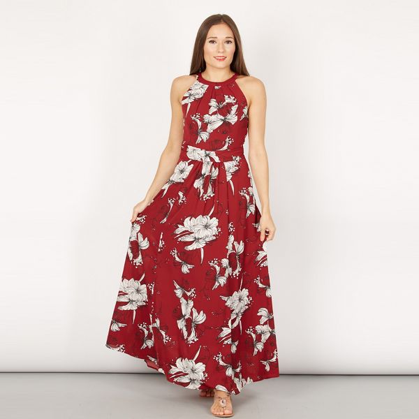 Jolie Moi Dresses - Maroon floral print halter neck maxi dress