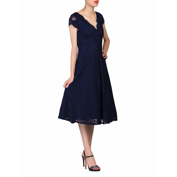 Jolie Moi Dresses - Navy cap sleeves fit & flare lace dress