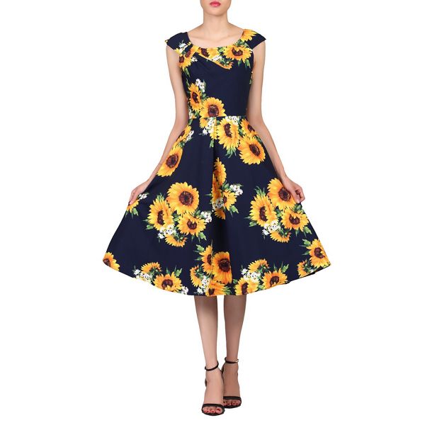 Jolie Moi Dresses - Navy floral print scoop neck tea dress