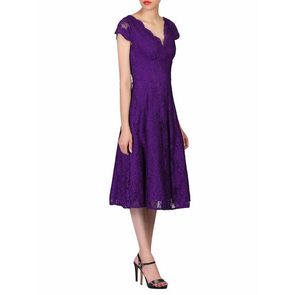Jolie Moi Dresses - Purple cap sleeves fit & flare lace dress
