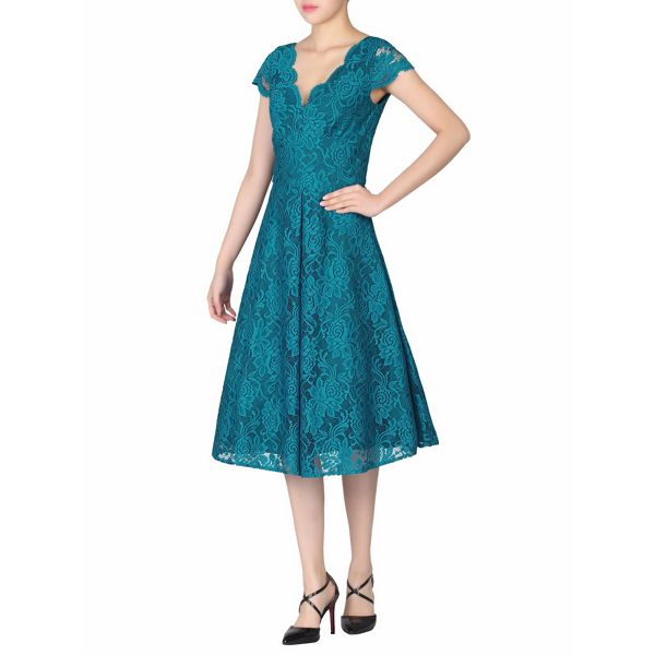 Jolie Moi Dresses - Turquoise cap sleeves fit & flare lace dress