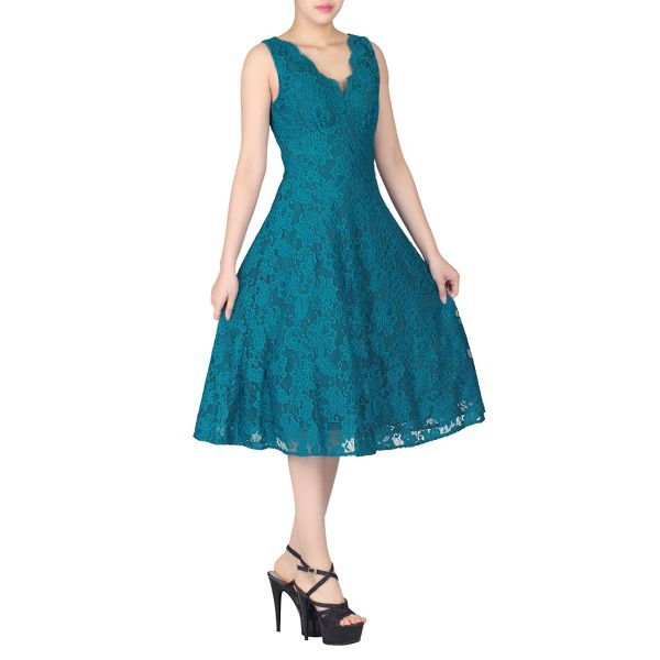 Jolie Moi Dresses - Turquoise scalloped v neck lace dress