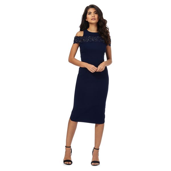 Laced In Love Dresses - Navy floral lace cold shoulder midi length bodycon dress