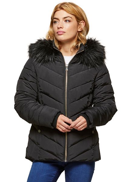 Miss Selfridge Coats & Jackets - Black fur hooded puffer coat