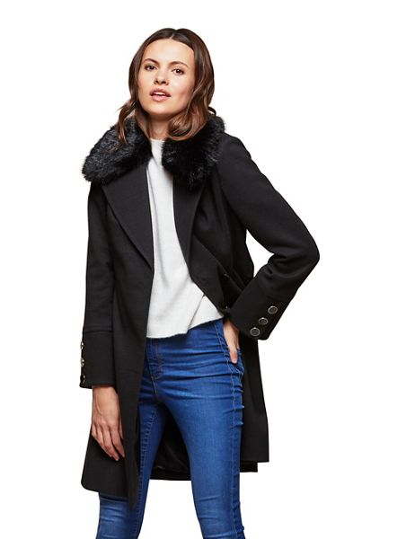 Miss Selfridge Coats & Jackets - Black fur trim belted coat