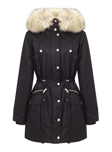 Stylish Miss Selfridge Black fur trim luxe parka 45303_23K03VBLK