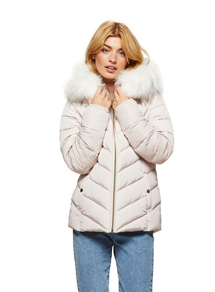 Miss Selfridge Coats & Jackets - Cream fur hooded puffer coat
