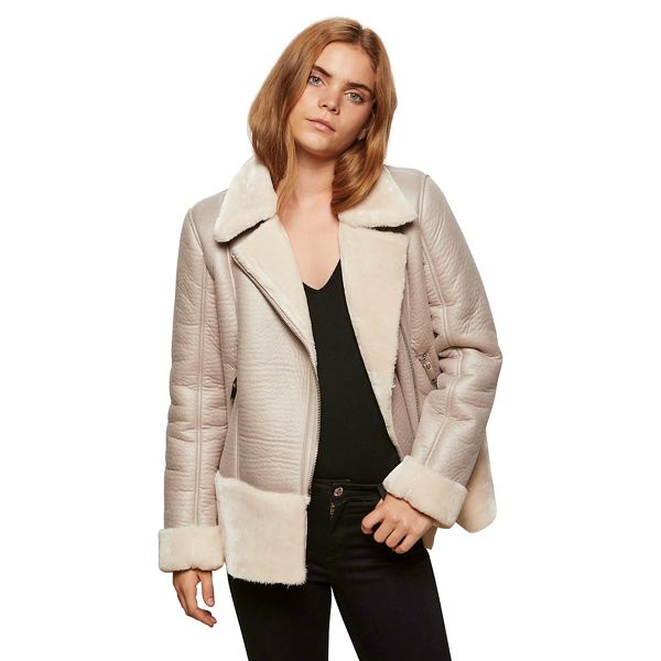 Miss Selfridge Coats & Jackets - Grey faux fur shearling biker jacket