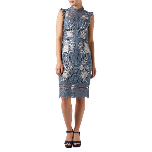 Dresses - Blue floral embroidered 'Karina' high neck midi length pencil dress