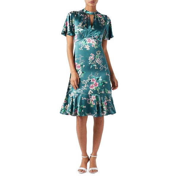 Dresses - Blue floral print 'Alicia' high neck knee length tea dress