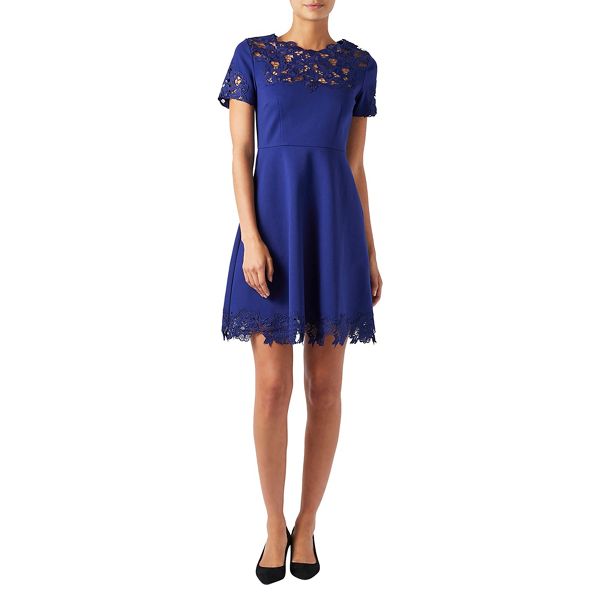 Dresses - Blue lace 'Peyton' mini length ponte shift dress