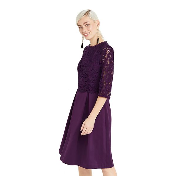 Oasis Dresses - Purple long lace bodice skater dress