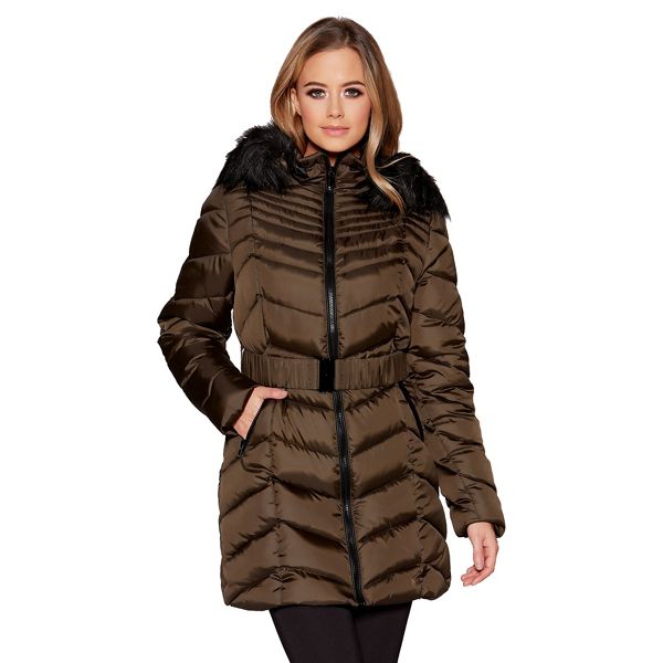 Quiz Coats & Jackets - Khaki chevron 3/4 belted hood jacket