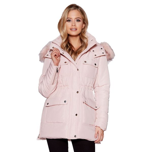 Quiz Coats & Jackets - Pink quilted faux fur hooded jacket