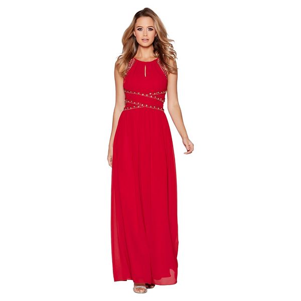 Quiz Dresses - Berry chiffon embellished keyhole maxi dress