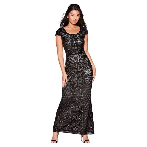 Quiz Dresses - Black and nude sequin mesh maxi dress