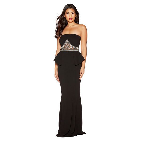 Quiz Dresses - Black diamante and pearl embellished peplum maxi dress
