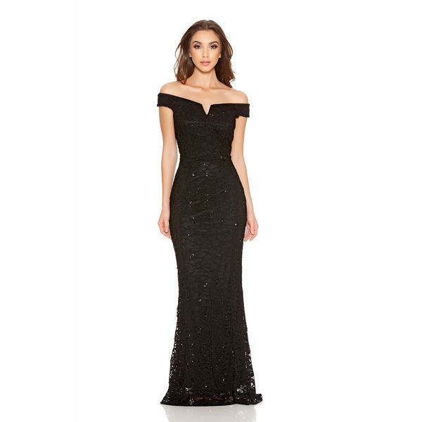 Quiz Dresses - Black Sequin Lace Bardot Fishtail Maxi Dress