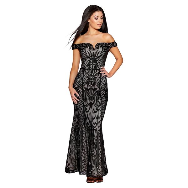 Quiz Dresses - Black sequin mesh bardot maxi dress