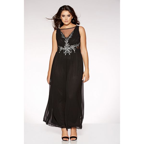 Quiz Dresses - Curve black chiffon embellished keyhole maxi dress