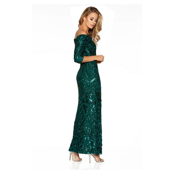 Designer Quiz Dark green sequin bardot front split maxi dress 61252_274177