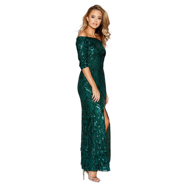 Designer Quiz Dark green sequin bardot front split maxi dress 61252_274177