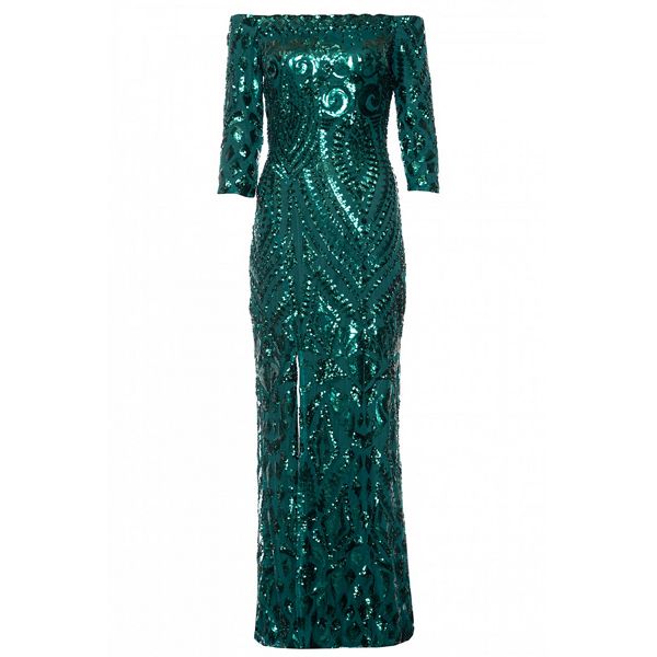 Quiz|Dark green sequin bardot front split maxi dress|Debenhams 61252_274177