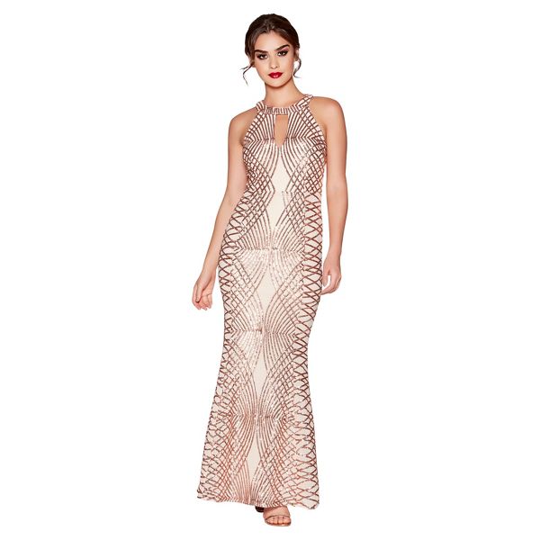 Quiz Dresses - Rose Gold Sequin and Mesh Fishtail Maxi Dress